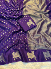 Load image into Gallery viewer, Charismatic Party Wear Pure Soft Viscose Crape Silk Zari Chit Palllu n Pichwari Border Fancy Designer Saree With Blouse