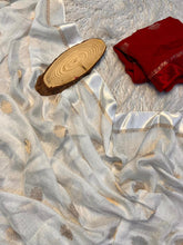 Load image into Gallery viewer, Gossamer White Color Viscose Silk Jacquard Zari With Satin Border Work saree With Quintessential Blouse Piece