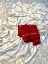 Load image into Gallery viewer, Gossamer White Color Viscose Silk Jacquard Zari With Satin Border Work saree With Quintessential Blouse Piece