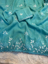 Load image into Gallery viewer, Concentrating Party Wear Shimmer Georgette Thread Work Leaf Design Fancy Saree With Blouse Piece