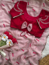 Load image into Gallery viewer, Marvellous Function Wear Fendy Satin Silk Leheriya Embroidery N Sequence Work With Arco Border Saree With Contrast Stitched Blouse