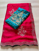 Load image into Gallery viewer, Charismatic Festive Wear Crunchy Chiffon Cursh Silk Embroidery N Scalloped Cut Work Border Fancy Designer Saree With Contrast Blouse Piece