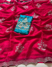 Load image into Gallery viewer, Charismatic Festive Wear Crunchy Chiffon Cursh Silk Embroidery N Scalloped Cut Work Border Fancy Designer Saree With Contrast Blouse Piece