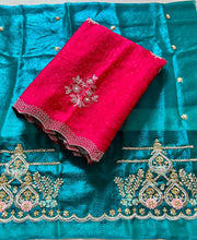 Load image into Gallery viewer, Charismatic Festive Wear Crunchy Chiffon Cursh Silk Embroidery N Scalloped Cut Work Border Fancy Designer Saree With Contrast Blouse Piece