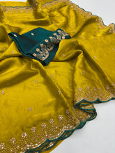 Load image into Gallery viewer, Heritage Party Wear Space Silk Embroidery Thread Work Fancy Designer Saree With Contrast Blouse Piece