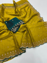 Load image into Gallery viewer, Heritage Party Wear Space Silk Embroidery Thread Work Fancy Designer Saree With Contrast Blouse Piece