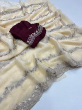 Load image into Gallery viewer, Celestial Function Wear Space Silk Embroidery Thread Work Fancy Designer Saree With Contrast Blouse Piece