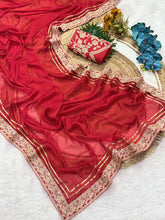 Load image into Gallery viewer, Ravishing Festive Wear Red Colour Rangoli Silk Embroidery N Sequence Work Lace Border Saree For Wedding