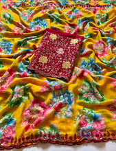 Load image into Gallery viewer, Stylish Festive Wear Multi Colour Georgette Sequence Embroidered With Butti Work n Scalloped Border Fancy Saree For Wedding