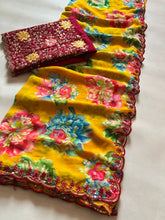 Load image into Gallery viewer, Stylish Festive Wear Multi Colour Georgette Sequence Embroidered With Butti Work n Scalloped Border Fancy Saree For Wedding