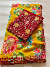 Load image into Gallery viewer, Stylish Festive Wear Multi Colour Georgette Sequence Embroidered With Butti Work n Scalloped Border Fancy Saree For Wedding