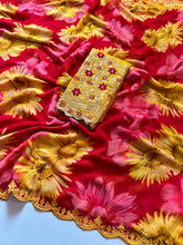 Load image into Gallery viewer, Graceful Party Wear Georgette Heavy Embroidery n Scalloped Sequence Work Border Elegant Saree With Contrast Blouse Piece