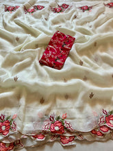 Load image into Gallery viewer, Stunning Festive Wear Off White Chiffon Silk Sequence n Cutwork Border Flower Design Saree With Contrast Blouse Piece