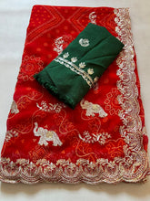 Load image into Gallery viewer, Magnetic Wedding Wear Red Colour Soft Georgette Bandhani Print Sequence n Cut Work Border Elegant Saree With Contrast Blouse Piece