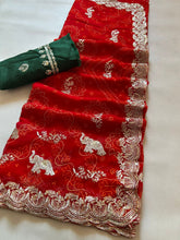 Load image into Gallery viewer, Magnetic Wedding Wear Red Colour Soft Georgette Bandhani Print Sequence n Cut Work Border Elegant Saree With Contrast Blouse Piece