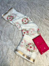 Load image into Gallery viewer, Adorning Wedding Wear White Colour Pure Chinnon Viscose Chex Multi Embroidery Sequence Saree With Contrast Blouse Piece