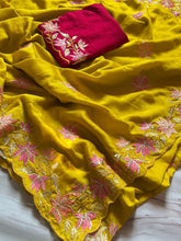 Load image into Gallery viewer, Magnificat Function Wear Vichitra Silk Embroidery Multi Work n Flower Design Saree With Contrast Blouse Piece