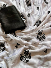 Load image into Gallery viewer, Luxury Function Wear Pure Chinnon Silk Beautiful Heavy Embroidery Work n Lace Border Fancy Saree With Contrast Blouse Piece