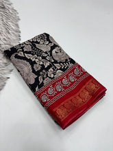 Load image into Gallery viewer, Artistic Function Wear Pure Soft Dola Silk Designer Print Mangalkari Border Fancy Saree With Elegant Blouse Piece