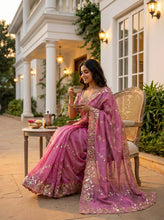 Load image into Gallery viewer, Fantabulous Party Wear Chiffon Embroidery n Cutwork Border Designer Saree For Wedding