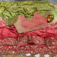 Load image into Gallery viewer, Charismatic Wedding Wear Satin Silk Heavy Embroidery n Aarco Work Fancy Designer Saree With Unstitched Blouse