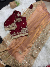 Load image into Gallery viewer, Gratifying Wedding Wear Satin Silk Heavy Embroidery n Aarco Work Fancy Designer Saree With Stitched Blouse