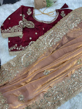 Load image into Gallery viewer, Gratifying Wedding Wear Satin Silk Heavy Embroidery n Aarco Work Fancy Designer Saree With Stitched Blouse