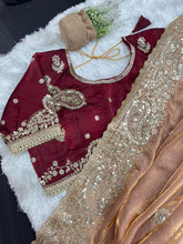 Load image into Gallery viewer, Gratifying Wedding Wear Satin Silk Heavy Embroidery n Aarco Work Fancy Designer Saree With Stitched Blouse