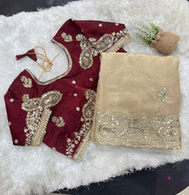 Load image into Gallery viewer, Gratifying Wedding Wear Satin Silk Heavy Embroidery n Aarco Work Fancy Designer Saree With Stitched Blouse