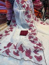 Load image into Gallery viewer, Glossy Wedding Wear White Colour Soft Crunchy Silk Embroidery Thread Matching Work Saree With Contrast Blouse Piece