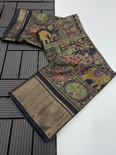 Load image into Gallery viewer, Charming Festive Wear Black Colour Pure Soft Dola Silk Printed n Zari Border Fancy Designer Saree With Blouse