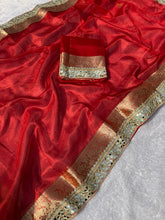 Load image into Gallery viewer, Gorgeous Wedding Wear Banarasi Tissue Silk Jacquard n Heavy Mirror Lace Work Fancy Designer Saree