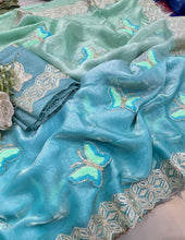 Load image into Gallery viewer, Mellifluous Function Wear Embroidery Flower Butties n Arco Cut Work Border Designer Saree With Unstitched Blouse