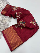 Load image into Gallery viewer, Divine Party Wear Viscouse Dola Silk Thread Work Flower Design Golden Border Saree With Blouse Piece