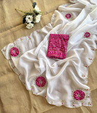 Load image into Gallery viewer, Luxurious Party Wear Off White Color Pure Crush Georgette Chiffon HandWork Fancy Designer Saree With Contrast Blouse Piece