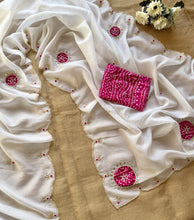 Load image into Gallery viewer, Luxurious Party Wear Off White Color Pure Crush Georgette Chiffon HandWork Fancy Designer Saree With Contrast Blouse Piece