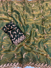 Load image into Gallery viewer, Dazzling Party Wear Satin Chiffon Embroidery With Tussels Work Designer Saree With Contrast Blouse Piece