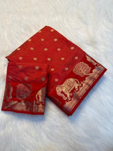 Load image into Gallery viewer, Graceful Party Wear Soft Tussar Silk Jacquard Weaving Work Rich Pallu Fancy Designer Saree With Blouse