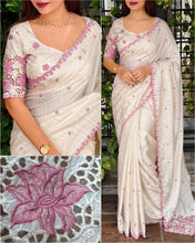 Load image into Gallery viewer, Breathtaking Function Wear Tussar Cotton Embroidery Thread Work Saree With Designer Unstitched Blouse Piece