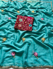 Load image into Gallery viewer, Charming Festive Wear Silk Georgette Embroidery n Sequence Flower Butti Work Fancy Designer Saree