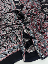 Load image into Gallery viewer, Dazzling Function Wear Pure Satin Silk Ajrak Printed Rich Pallu n Mirror Work Fancy Designer Saree