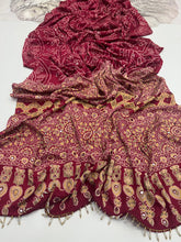 Load image into Gallery viewer, Artisanal Party Wear Pure Satin Silk Ajrak Printed Rich Pallu n Mirror Work Fancy Designer Saree With Blouse Piece