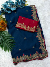 Load image into Gallery viewer, Whimsical Party Wear Georgette Zari n Sequence Work Border Fancy Designer Saree With Contrast Blouse Piece