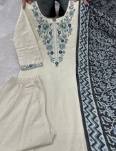 Load image into Gallery viewer, Evocative Function Wear White Color Cotton Embroidery Work Designer Straight Kurta With Trouser n Dupatta Set