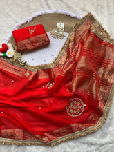 Load image into Gallery viewer, Incomparable Wedding Wear Satin Silk Handwork n Jacquard Weaving Border Saree With Blouse Piece