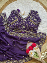 Load image into Gallery viewer, Blooming Wedding Wear Crush Silk Embroidery Sequence n Jari Work Designer Saree With Stitched Blouse