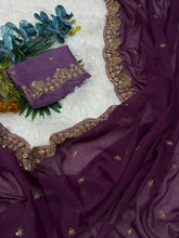 Load image into Gallery viewer, Forbearance Party Wear Georgette Embroidery n Sequence Work Butta Design Saree With Contrast Blouse Piece