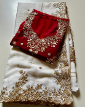Load image into Gallery viewer, Mellifluous Wedding Wear Crush Chiffon Embroidery n Sequence Work Designer Saree With Contrast Blouse Piece
