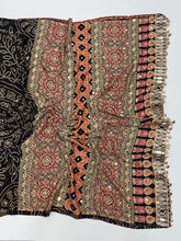 Load image into Gallery viewer, Gratifying Function Wear Pure Satin Silk Ajrak Printed Rich Pallu n Mirror Work Designer Saree With Blouse Piece