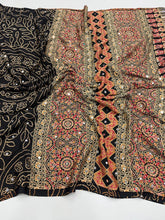 Load image into Gallery viewer, Gratifying Function Wear Pure Satin Silk Ajrak Printed Rich Pallu n Mirror Work Designer Saree With Blouse Piece